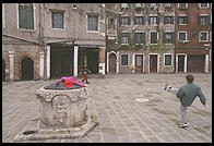 Kids playing soccer in the Venetian ghetto. Only a handful of Jews live in Venice and very few live in the old ghetto region.