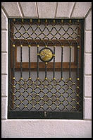 Window in Harry's Bar, near Piazza San Marco, founded in 1931 by Giuseppe Cipriani, a favorite hangout for Hemingway