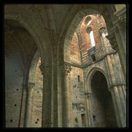 The ruined abbey of San Galgano, between Rome and Florence