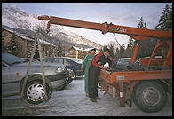 Towing away my useless Avis rental car, in Cortina