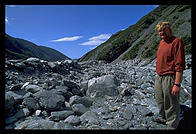 Klaus hiking out to the face of a glacier on the west coast of the South Island, New Zealand.