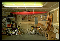 Liz's garage in Boulder, Colorado, evidence of the lust for outdoor recreation that induces people to move here