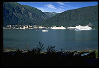 View of downtown Juneau, Alaska and harbor (with cruise ships).