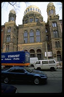 Synagogue in East Berlin, gradually being restored from the damage it suffered during Reichkristallnacht and then the war
